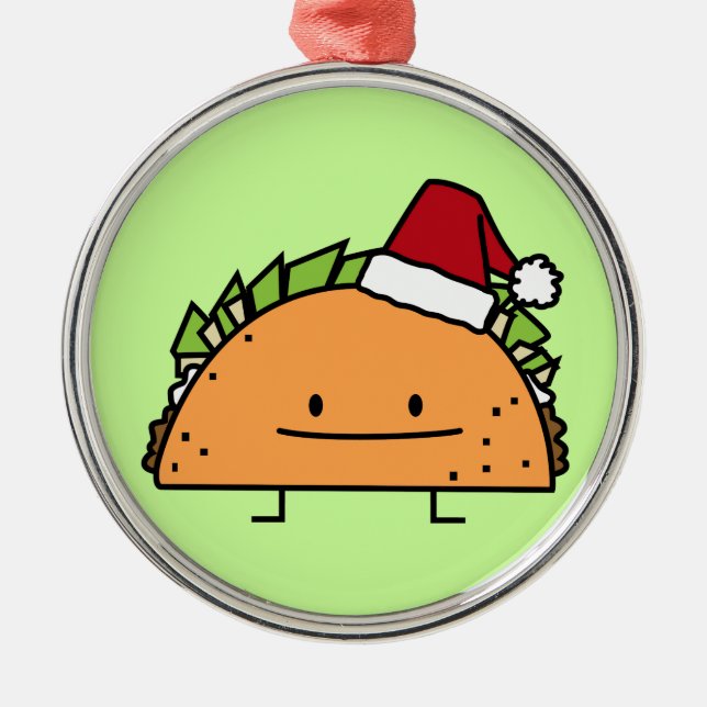 Taco wearing Santa Hat Christmas shell meat salsa Metal Ornament (Front)