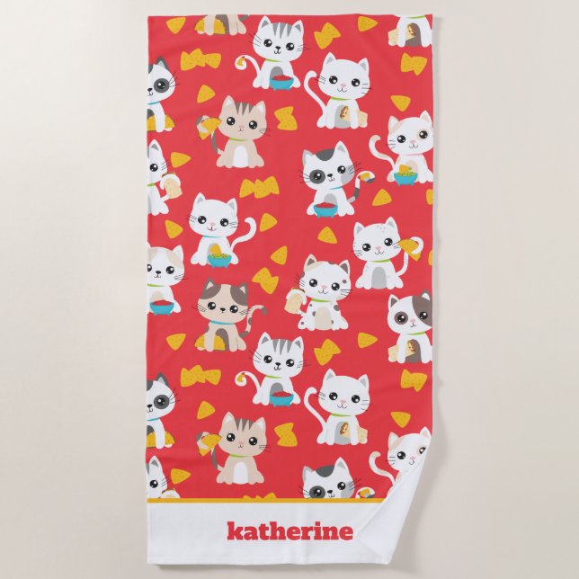 Tacocat Burrito and Taco Cats Cute Personalized Beach Towel (Front)