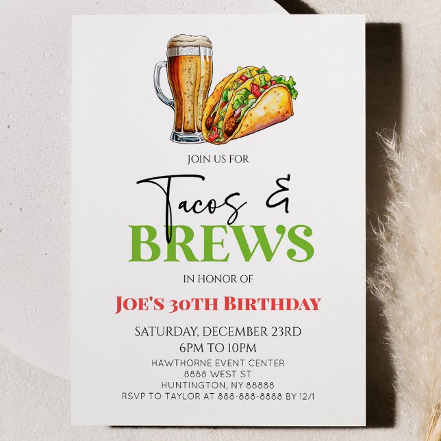 Tacos and Brews Beer Glass Birthday Party Invitation (Creator Uploaded)