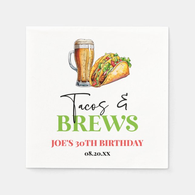 Tacos and Brews Beer Glass Birthday Party Napkin (Front)
