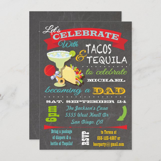 Tacos and Tequila Diaper Baby Shower for Dad to be Invitation (Front/Back)
