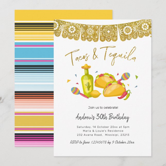 Tacos and Tequila Fiesta Birthday Invitation (Front/Back)