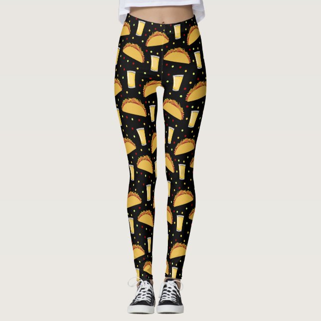Tacos and Tequila Funny Bar Foodie Drink Pattern Leggings (Front)