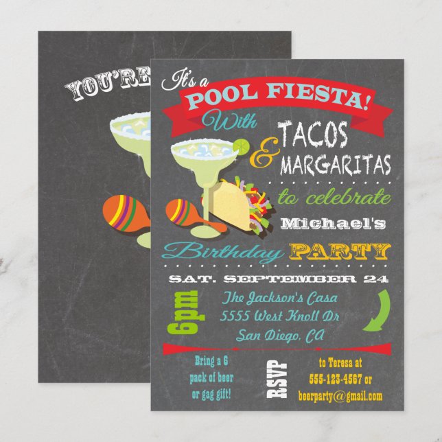 Tacos and Tequilla Pool Birthday Party Invitation (Front/Back)