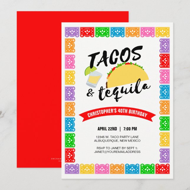 Tacos et Tequila Invitation de fête d'anniversaire (Devant / Derrière)