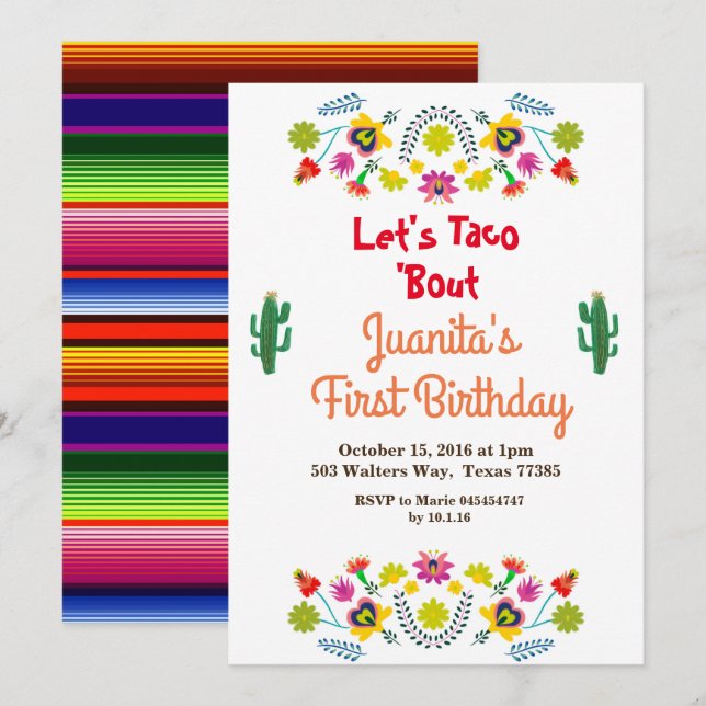 Tacos Fiesta Mexican 1st Birthday Party Invitation (Front/Back)