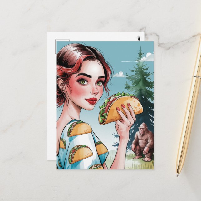 Tacos in the Forest With Sad Sasquatch Postcard (Front/Back In Situ)
