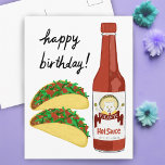 TACOS Spicy Hot Sauce Cat Maracas HAPPY BIRTHDAY Postcard<br><div class="desc">It's TACO TIME! Check out this fun and spicy hot sauce with a cat shaking his maracas. Customize with your own text! Take a look at my shop for more!</div>