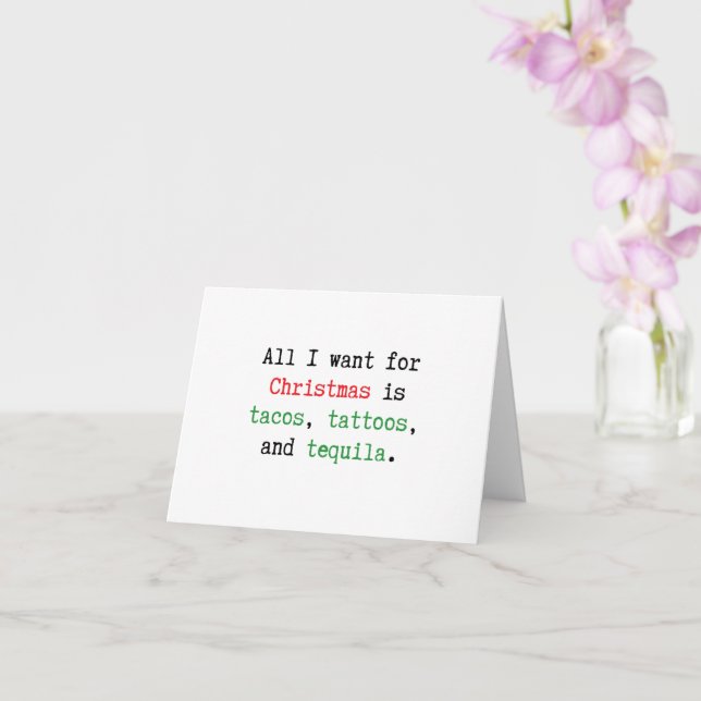 Tacos, tattoos, tequila Christmas card (Orchid)