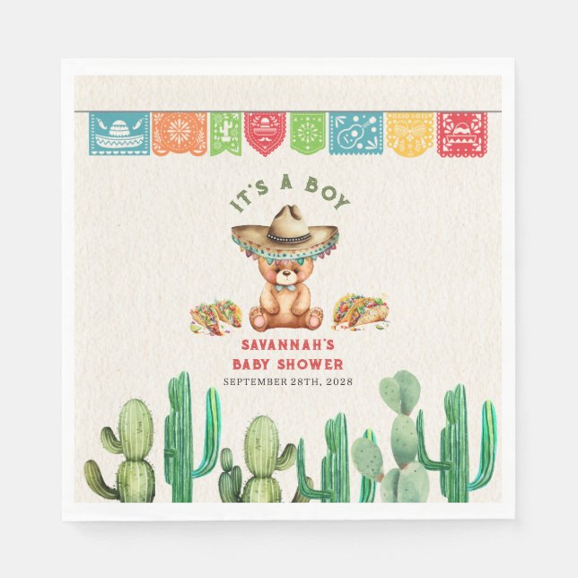 Tacos & Teddy Bears Cactus Boy Baby Shower Fiesta Napkin (Front)