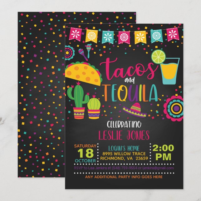 Tacos & Tequila Birthday Invitation - Blk (Front/Back)