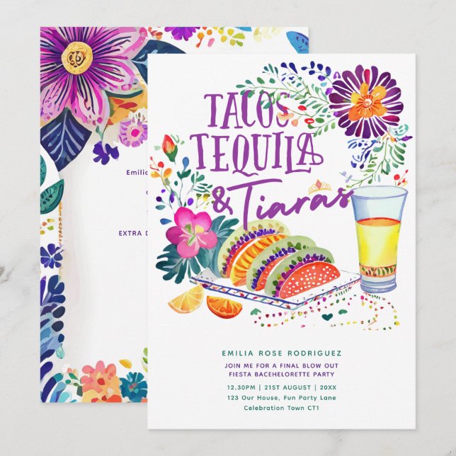 Tacos Tequila Tiaras Last Fiesta Bachelorette Invitation (Front/Back)