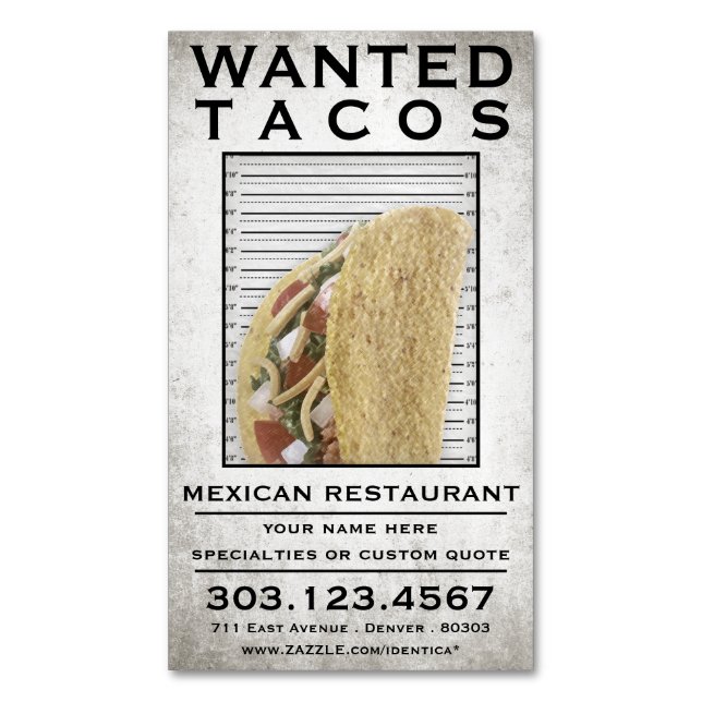 tacos wanted poster business card (Front Vertical)