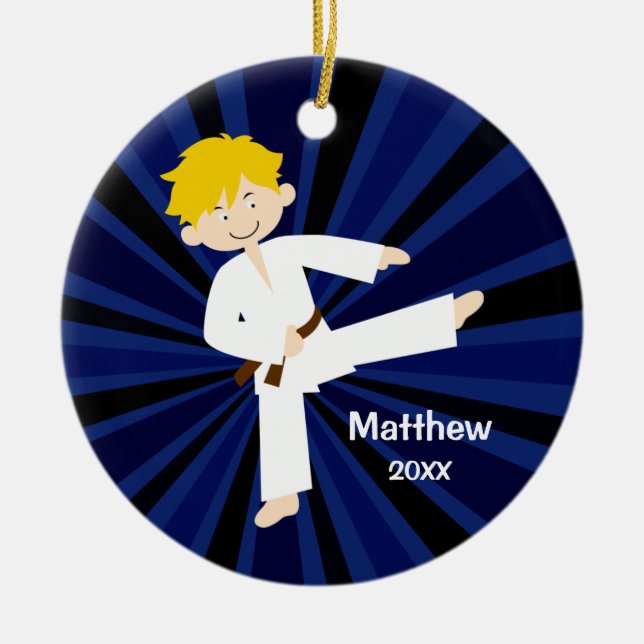 Taekwondo Brown Belt Blonde Boy Personalized Ceramic Ornament (Front)