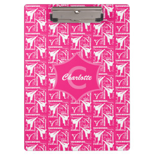 Taekwondo Cute Pink White Girly Monogrammed Clipboard