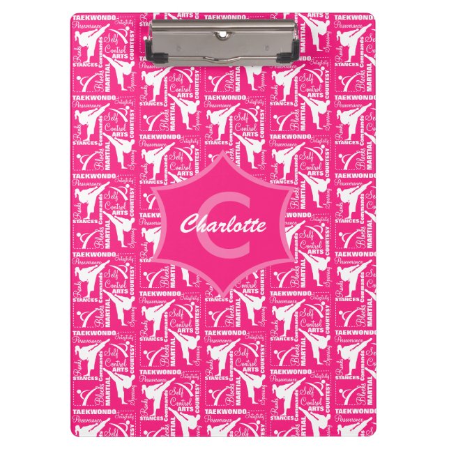 Taekwondo Cute Pink White Girly Monogrammed Clipboard (Front)