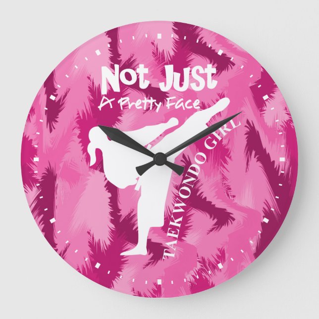 Taekwondo Cute Pink White Girly Quote Large Clock (Front)