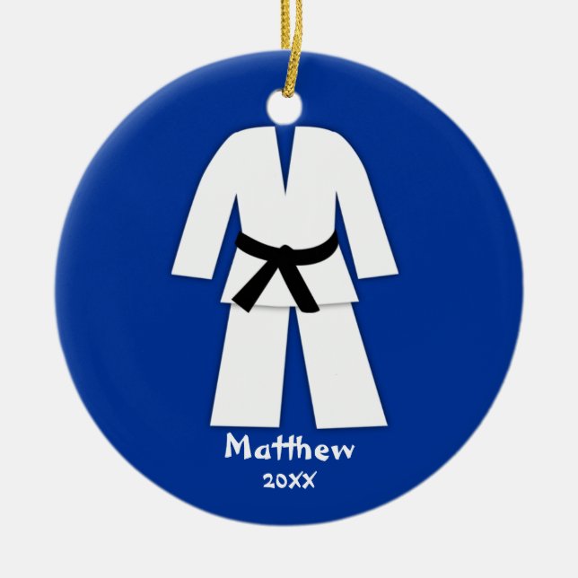 Taekwondo Karate Black Belt Blue Personalized Ceramic Ornament (Front)