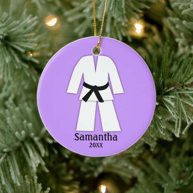 Taekwondo Karate Black Belt Purple Personalized Ceramic Ornament (Tree)