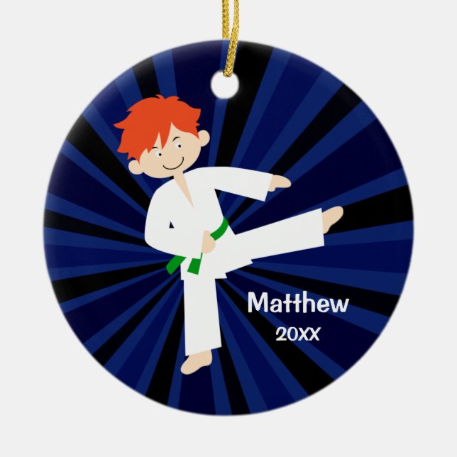 Taekwondo Karate Green Belt Red Boy Personalized Ceramic Ornament (Front)