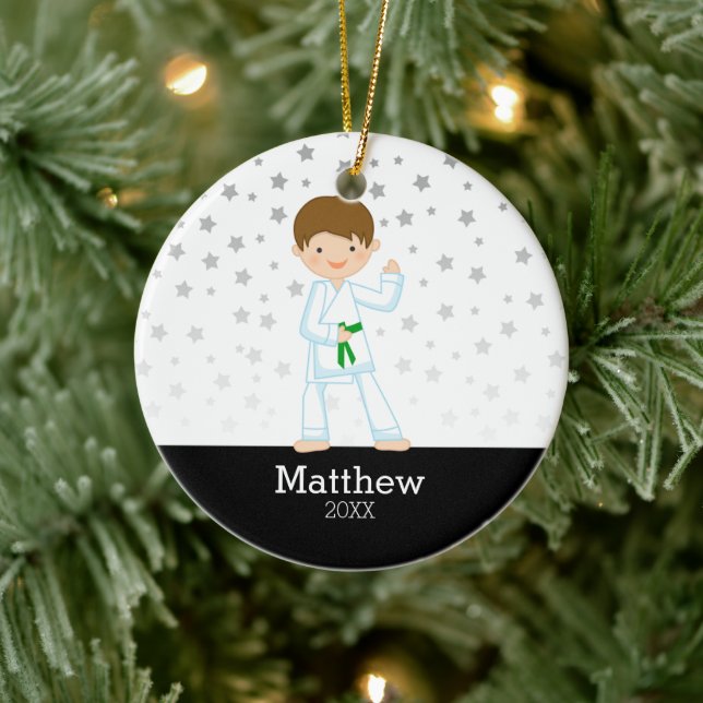 Taekwondo Karate Star Green Belt Boy Personalized Ceramic Ornament (Tree)