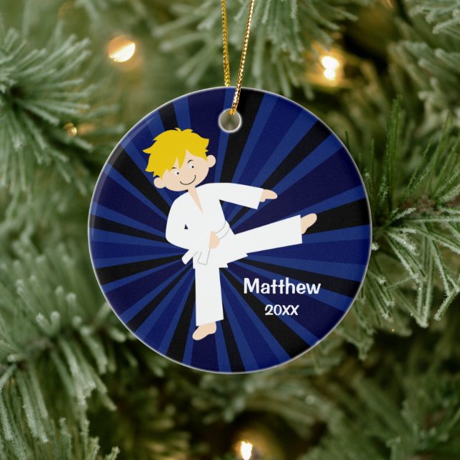 Taekwondo Karate White Belt Boy Personalized Ceramic Ornament (Tree)