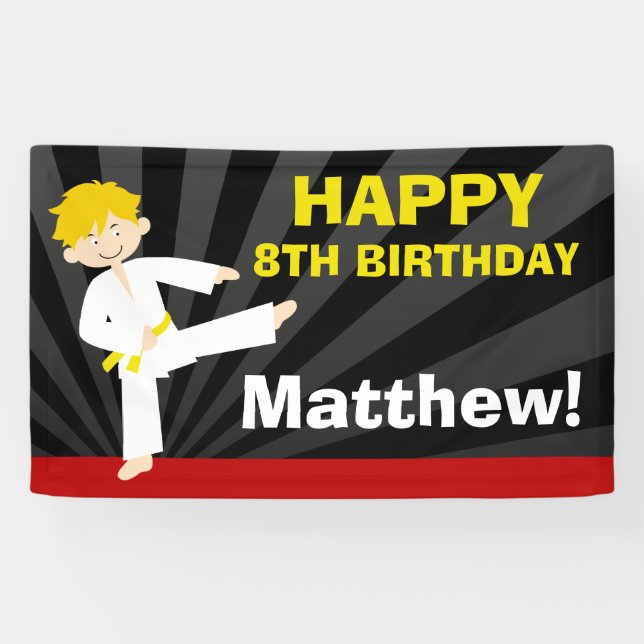 Taekwondo Karate Yellow Belt Blonde Boy Birthday Banner (Horizontal)