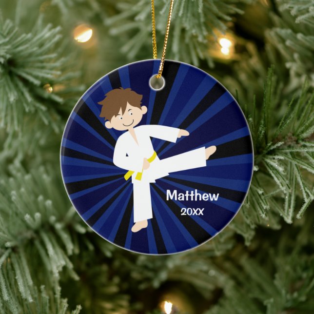 Taekwondo Karate Yellow Belt Boy Personalized Ceramic Ornament (Tree)