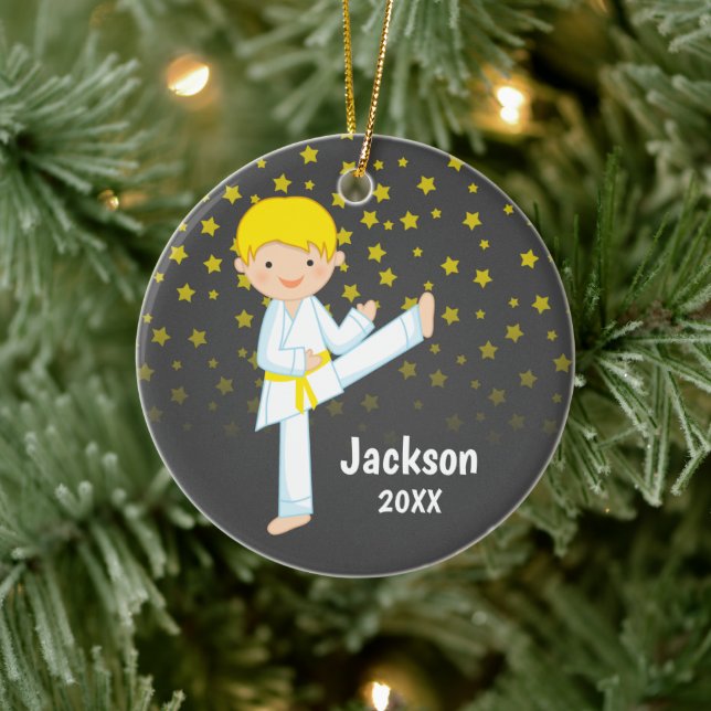 Taekwondo Yellow Belt Blonde Boy Personalized Ceramic Ornament (Tree)