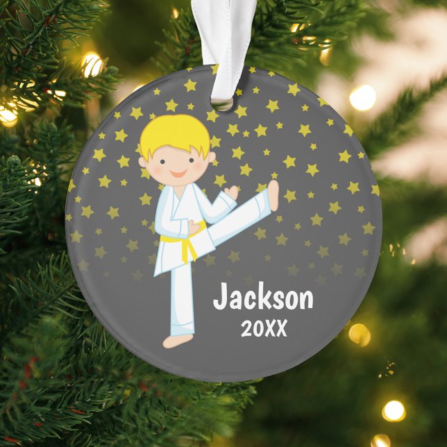 Taekwondo Yellow Belt Blonde Boy Personalized Ornament (Creator Uploaded)