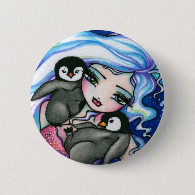 "Tag Alongs" Mermaid Baby Penguins Fantasy Fairy 2 Inch Round Button (Front)