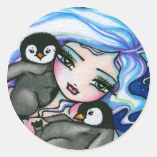 "Tag Alongs" Mermaid Baby Penguins Fantasy Fairy Classic Round Sticker
