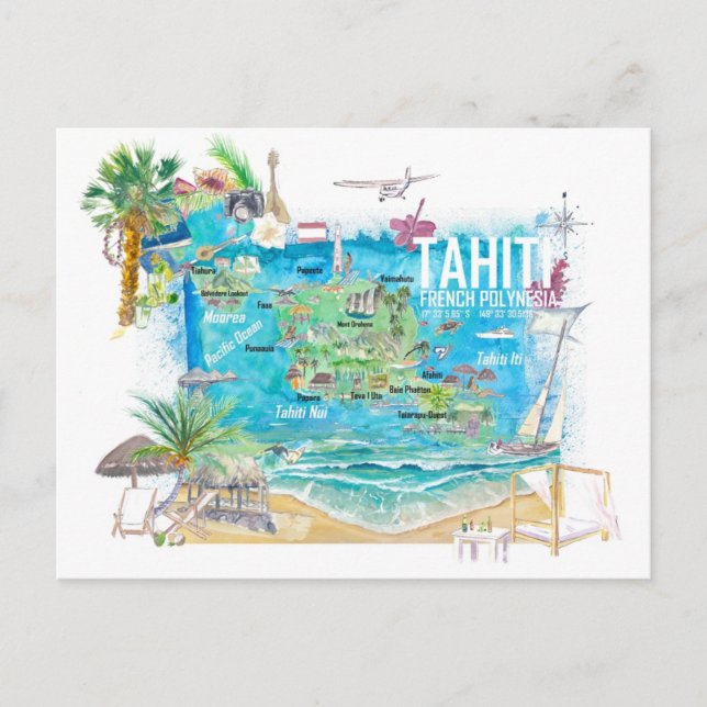 Tahiti Illustrated Travel Map with Roads  Postcard (Front)