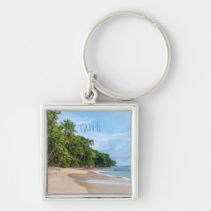 Tahiti Sand Beach Blue Sky Palm Trees Keychain