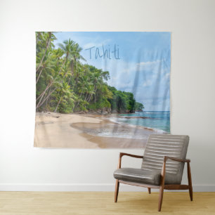 Tahiti Sand Beach Blue Sky Palm Trees Tapestry