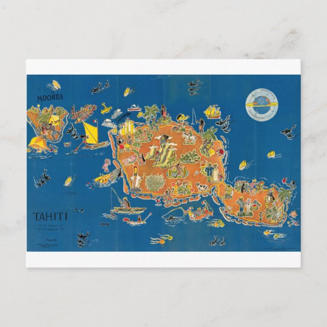 Tahiti Vintage Map Postcard (Front)