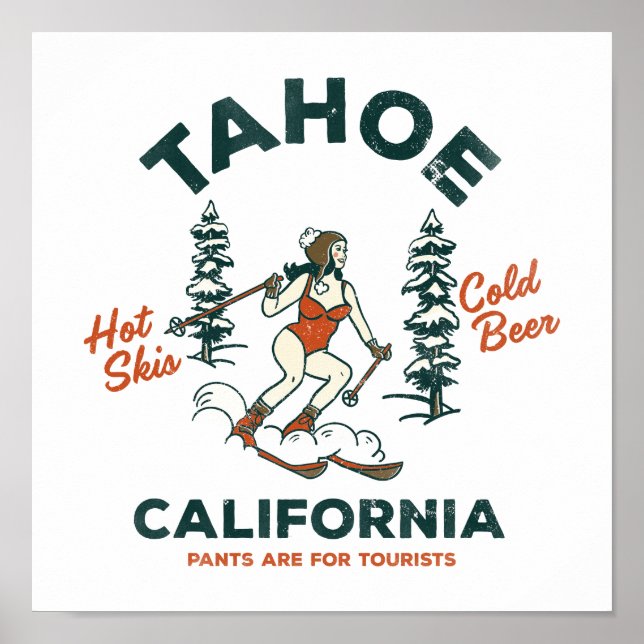 Tahoe, California Funny Retro Skiing & Beer Art Poster (Front)