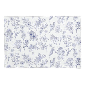 Taie d'oreiller florale bleue et blanche