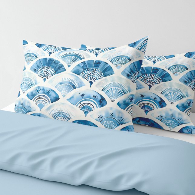 Taie d'oreiller géométrique aquarelle bleu océan (Ocean Blue Watercolor Geometric Abstract Elegant Pillowcase)