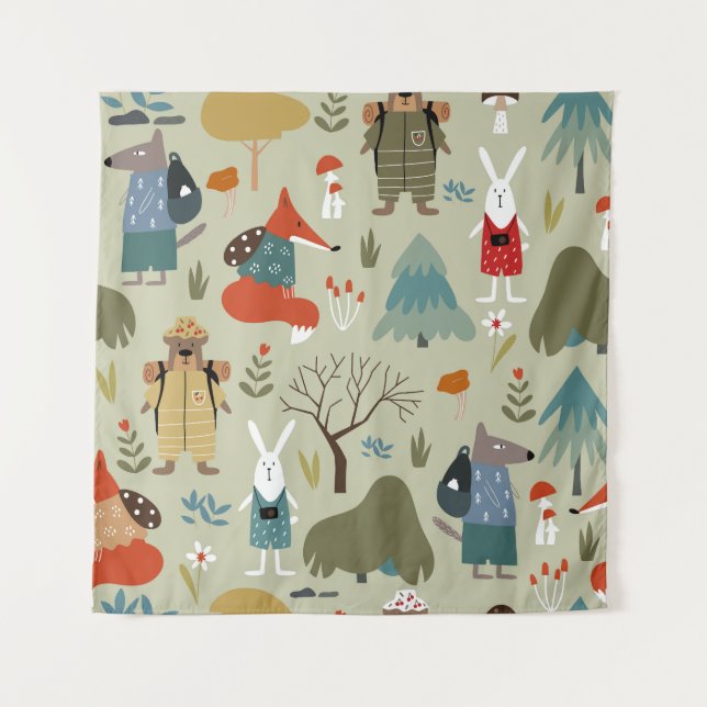 Taiga Wildlife: Vintage Kids Pattern Tapestry (Front)