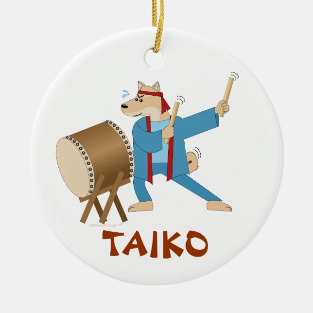 Taiko Drum Cartoon Dog Taiko Drummer Ceramic Ornament (Front)