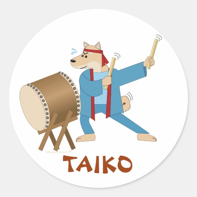 Taiko Drum Cartoon Dog Taiko Drummer Classic Round Sticker (Front)