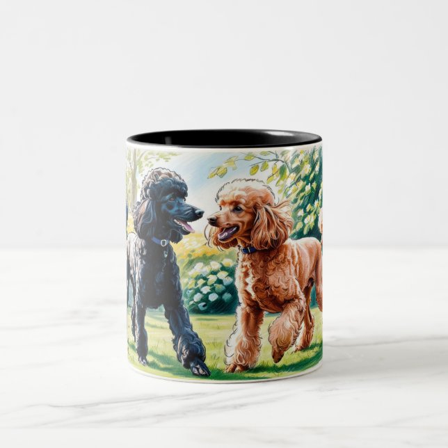 Tail of ceramics with two playful caniches Two-Tone coffee mug (Center)