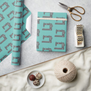 Tailor's Sewing Machine Elegant Pattern Grey Teal Wrapping Paper