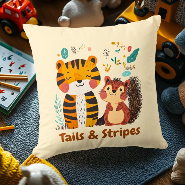 Tails & Stripes Tiger & Squirrel | Kids Room Decor Throw Pillow (Creator Uploaded)
