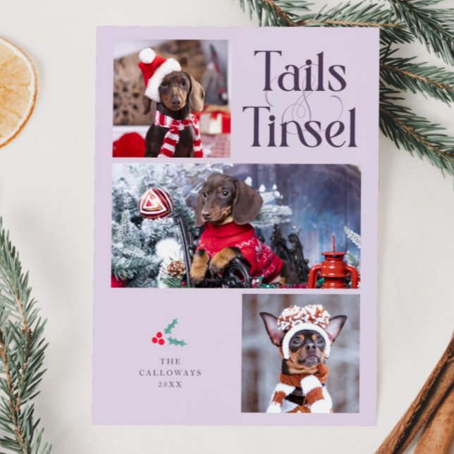 Tails & Tinsel Dog Photo Purple Christmas Holiday Card (Creator Uploaded)