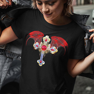 Tainted Red Jewelled Gold Tipped Christian Cross T-Shirt