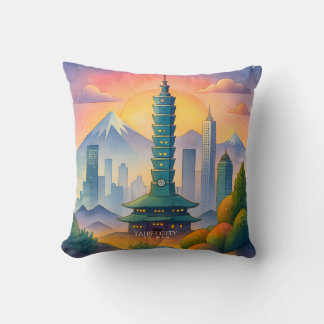 Taipei City Taiwan Skyline Watercolor Throw Pillow