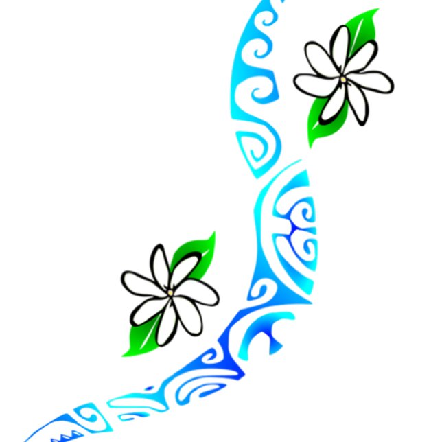 TAITIARE (Blue) Throw Pillow (Fleurs de Tiaré avec motifs polynésiens "marquisiens". )