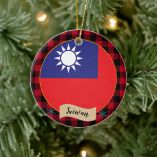 Taiwan, Red buffalo plaid & Taiwanese Flag Ceramic Ornament
